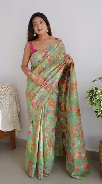 Charming Pista Pashmina saree With Breathtaking Blouse Piece