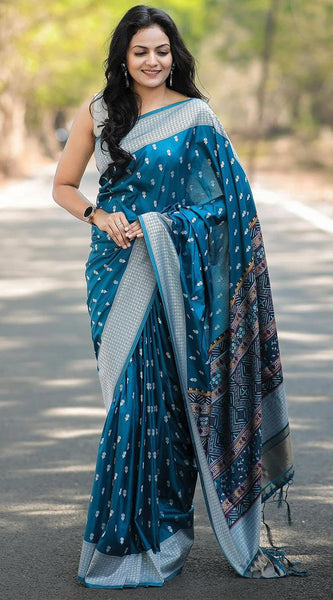 Adoring Teal Blue Cotton Silk Saree With Divine Blouse Piece