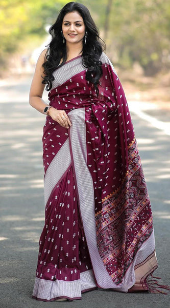 Lagniappe Wine Cotton Silk Saree With Desuetude Blouse Piece