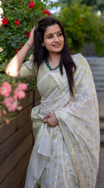 Designer Beige Cotton Silk Saree With Entrancing Blouse Piece