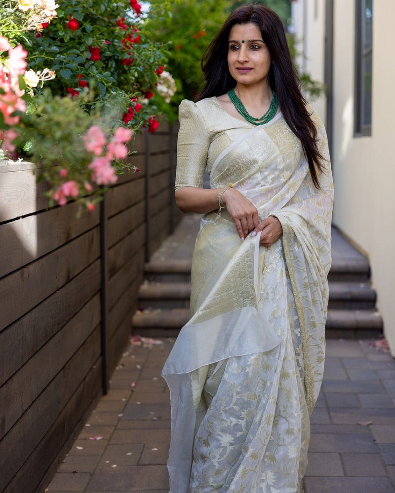 Designer Beige Cotton Silk Saree With Entrancing Blouse Piece