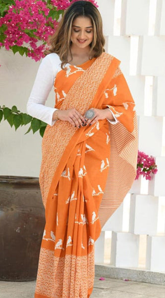 Adorning Orange Cotton Silk Saree With Jazzy Blouse Piece