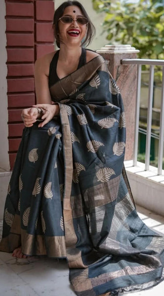 Felicitous Black Linen Silk Saree With Enigmatic Blouse Piece