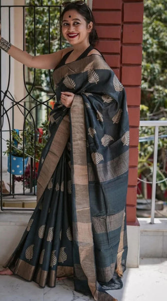 Felicitous Black Linen Silk Saree With Enigmatic Blouse Piece