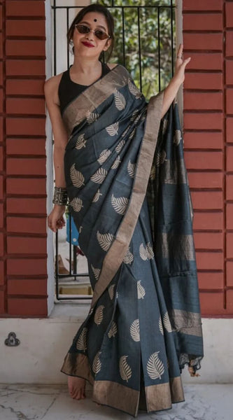Felicitous Black Linen Silk Saree With Enigmatic Blouse Piece