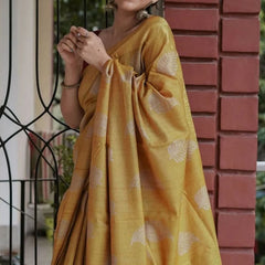 Exquisite Mustard Linen Silk Saree With Transcendent Blouse Piece