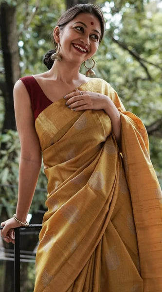 Exquisite Mustard Linen Silk Saree With Transcendent Blouse Piece