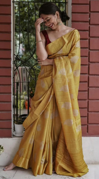 Exquisite Mustard Linen Silk Saree With Transcendent Blouse Piece