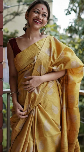 Exquisite Mustard Linen Silk Saree With Transcendent Blouse Piece