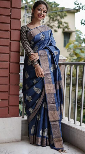Devastating Navy Blue Linen Silk Saree With Nemesis Blouse Piece