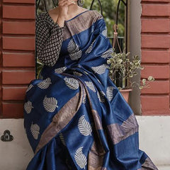 Devastating Navy Blue Linen Silk Saree With Nemesis Blouse Piece