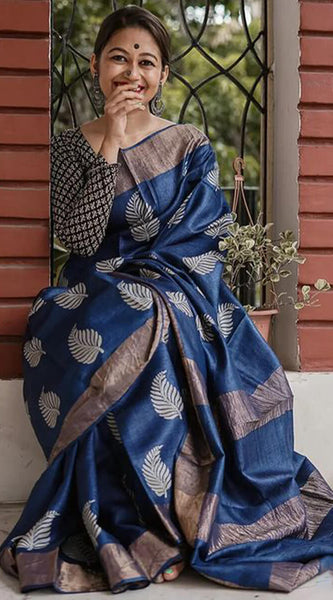 Devastating Navy Blue Linen Silk Saree With Nemesis Blouse Piece