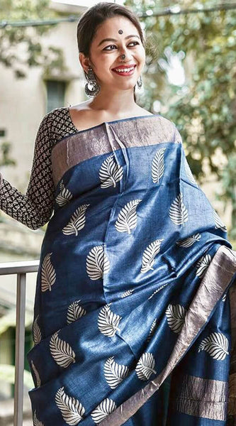 Devastating Navy Blue Linen Silk Saree With Nemesis Blouse Piece