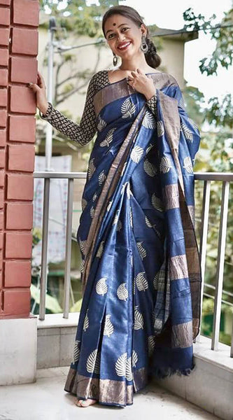 Devastating Navy Blue Linen Silk Saree With Nemesis Blouse Piece