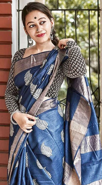 Devastating Navy Blue Linen Silk Saree With Nemesis Blouse Piece