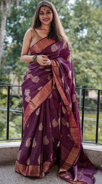 Snazzy Purple Linen Silk Saree With Imaginative Blouse Piece