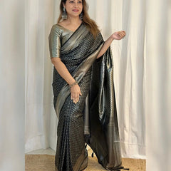Flamboyant Black Soft Silk Saree With Super classy Blouse Piece