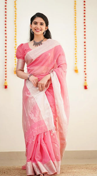 Confounding Pink Cotton Silk Saree With Splendorous Blouse Piece