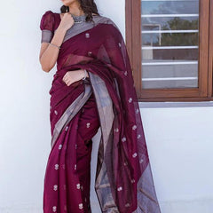 Staggering Wine Cotton Silk Saree With Ratatouille Blouse Piece
