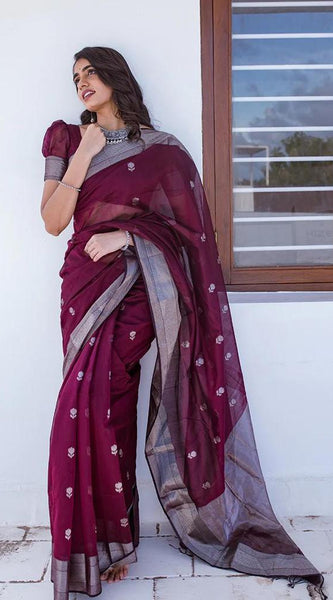 Staggering Wine Cotton Silk Saree With Ratatouille Blouse Piece