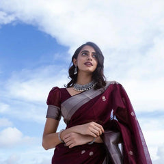 Staggering Wine Cotton Silk Saree With Ratatouille Blouse Piece