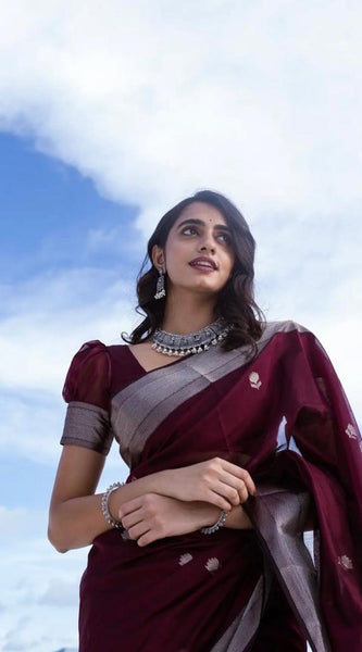 Staggering Wine Cotton Silk Saree With Ratatouille Blouse Piece