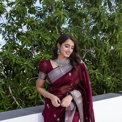 Staggering Wine Cotton Silk Saree With Ratatouille Blouse Piece