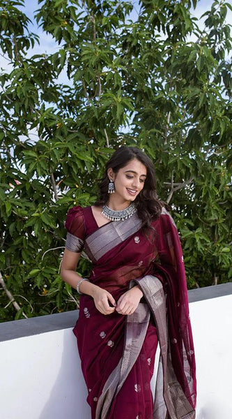 Staggering Wine Cotton Silk Saree With Ratatouille Blouse Piece