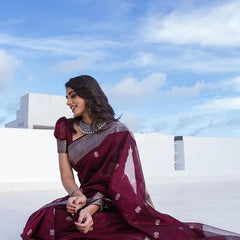 Staggering Wine Cotton Silk Saree With Ratatouille Blouse Piece