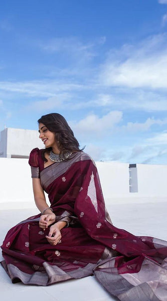 Staggering Wine Cotton Silk Saree With Ratatouille Blouse Piece