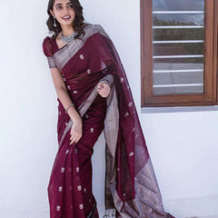 Staggering Wine Cotton Silk Saree With Ratatouille Blouse Piece