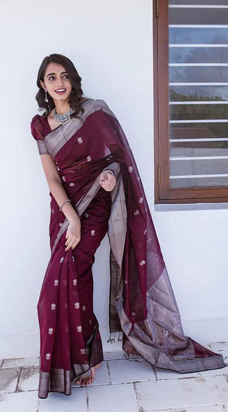 Staggering Wine Cotton Silk Saree With Ratatouille Blouse Piece