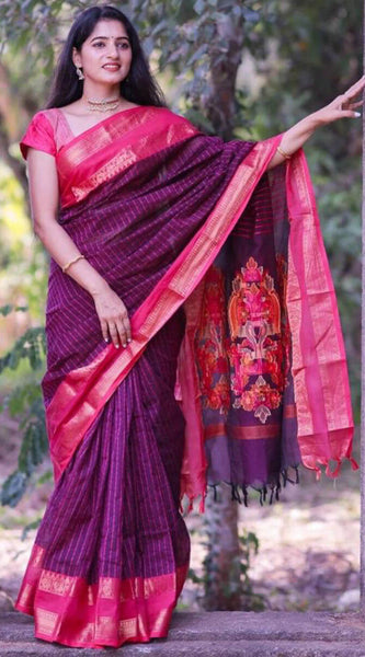Sensational Purple Cotton Silk Saree With Innovative Blouse Piece