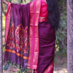 Sensational Purple Cotton Silk Saree With Innovative Blouse Piece