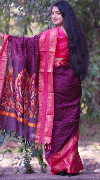 Sensational Purple Cotton Silk Saree With Innovative Blouse Piece