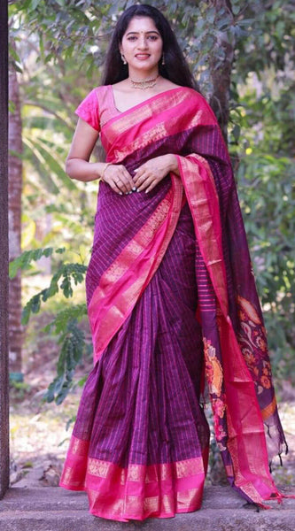 Sensational Purple Cotton Silk Saree With Innovative Blouse Piece