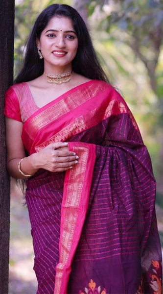 Sensational Purple Cotton Silk Saree With Innovative Blouse Piece