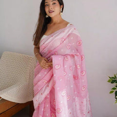 Symmetrical Baby Pink Cotton Silk Saree With Transcendent Blouse Piece