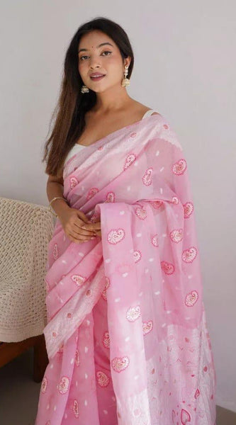 Symmetrical Baby Pink Cotton Silk Saree With Transcendent Blouse Piece