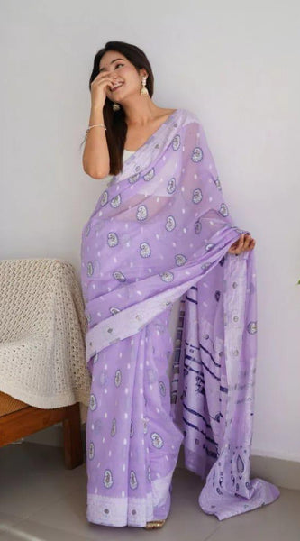 Bucolic Lavender Cotton Silk Saree With Effervescent Blouse Piece