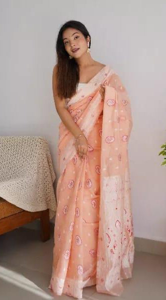 Gossamer Peach Cotton Silk Saree With Palimpsest Blouse Piece