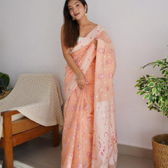 Gossamer Peach Cotton Silk Saree With Palimpsest Blouse Piece