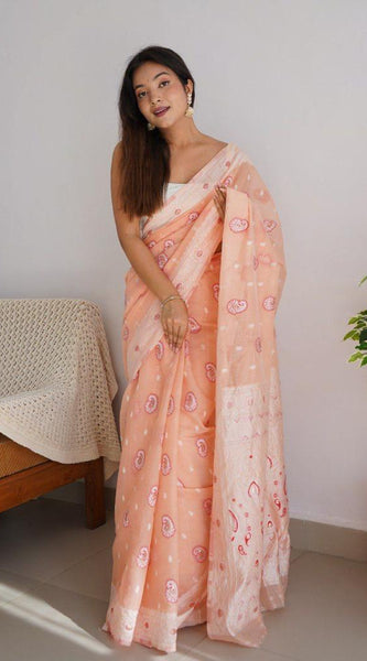 Gossamer Peach Cotton Silk Saree With Palimpsest Blouse Piece