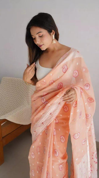 Gossamer Peach Cotton Silk Saree With Palimpsest Blouse Piece