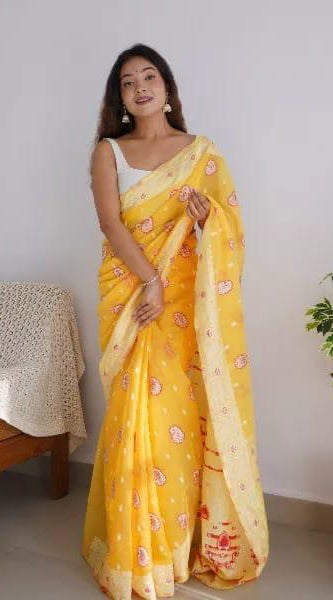 Exuberant Yellow Cotton Silk Saree With Incomparable Blouse Piece