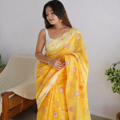 Exuberant Yellow Cotton Silk Saree With Incomparable Blouse Piece
