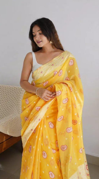 Exuberant Yellow Cotton Silk Saree With Incomparable Blouse Piece
