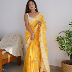 Exuberant Yellow Cotton Silk Saree With Incomparable Blouse Piece