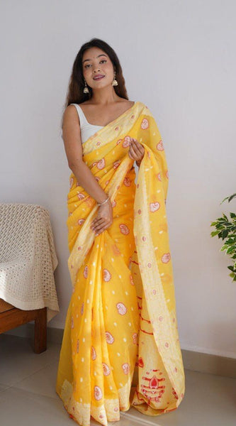 Exuberant Yellow Cotton Silk Saree With Incomparable Blouse Piece