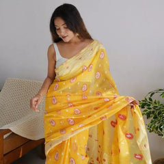 Exuberant Yellow Cotton Silk Saree With Incomparable Blouse Piece